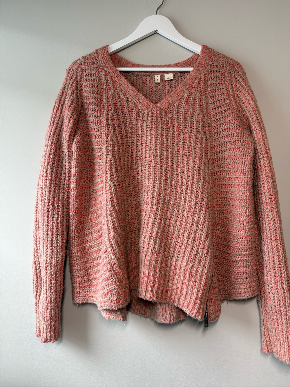 Anthropologie Moth Coral Taupe Textured V-Neck Sweater Medium